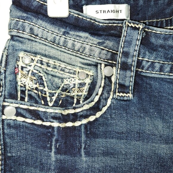 Vigoss Distressed Embroidered Pockets Straight Denim Jeans - Picture 6 of 11